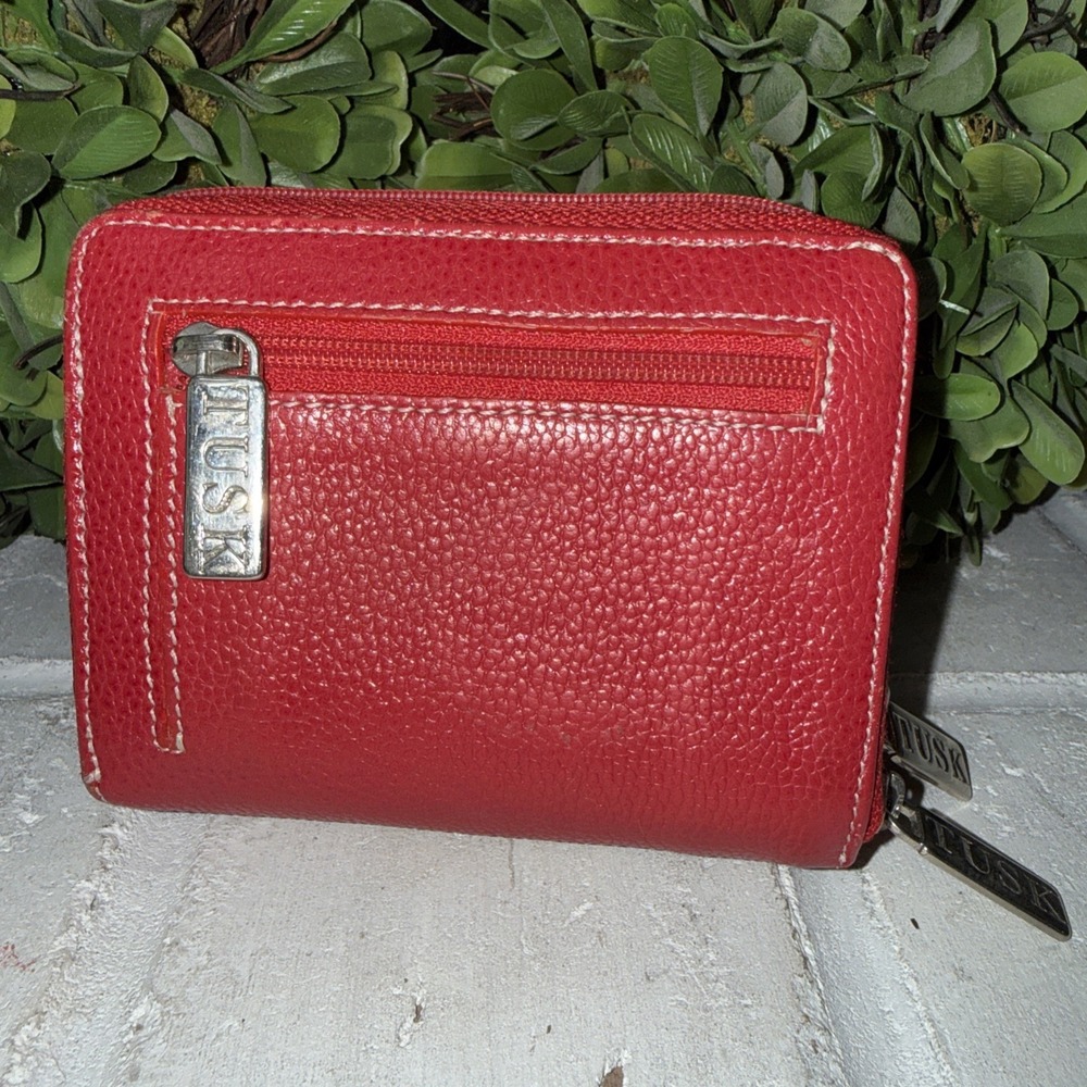 TUSK Red Leather Double Zip Around Wallet 4"x5" Card Money And Coin Holders Vtg